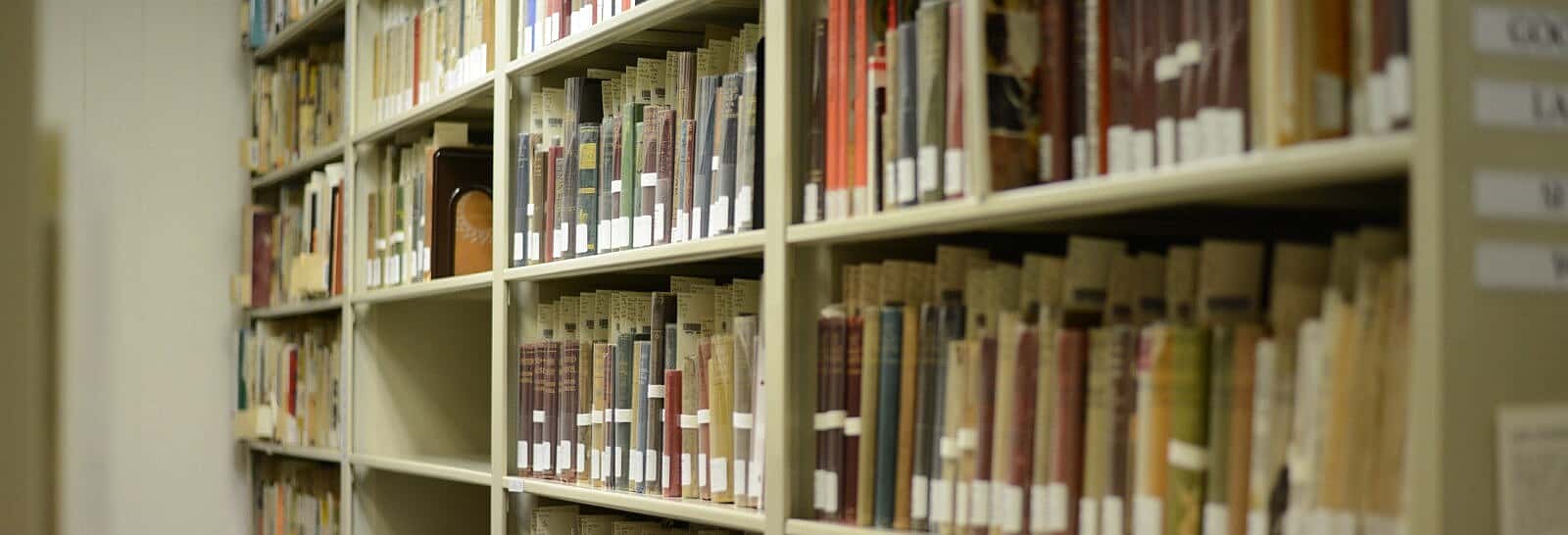 Close up look at library books on a shelf.