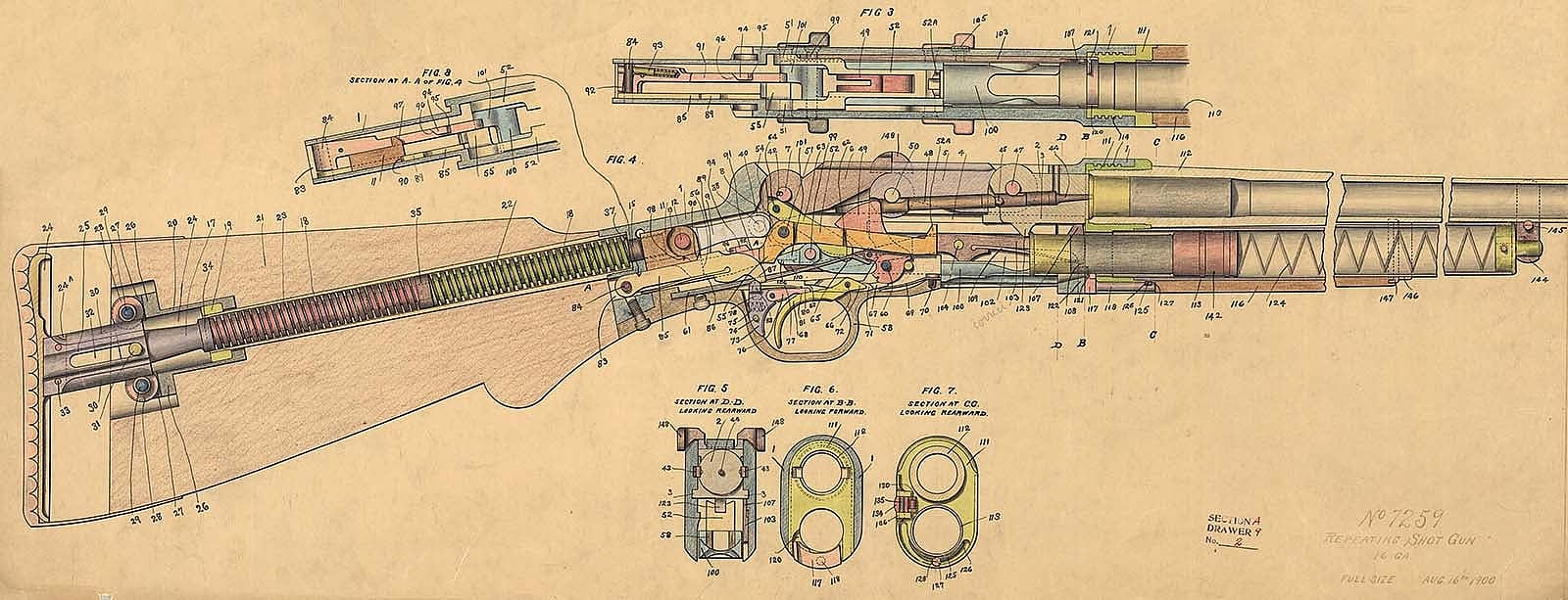 Firearms design drawing, Winchester Shot Gun. MS 63 Winchester Repeating Arms Company Collection, McCracken Research Library. MS63.119.053