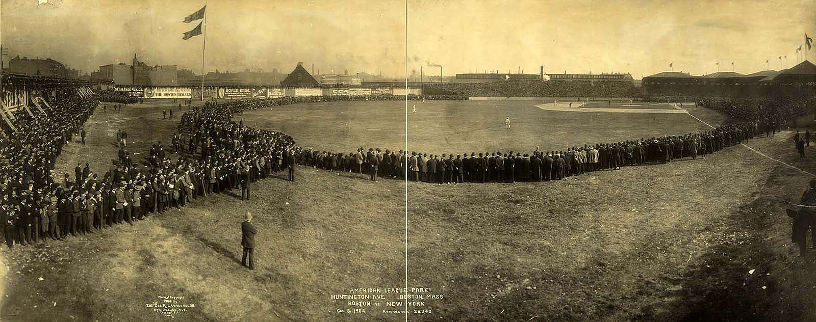 The Huntington Avenue venue in Boston (full name: Huntington Avenue American League Baseball Grounds) was the first home of the Boston Red Sox and a huge arena for Black America. (This game is Boston vs. New York on October 8, 1904, attendance 28,040.) Library of Congress Prints and Photographs Division, Washington, DC 20540 USA. LC-USZ62-97762