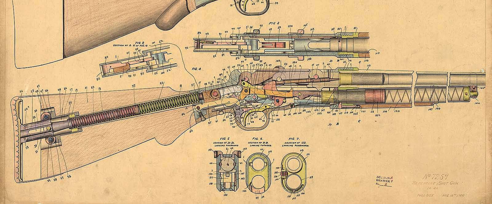 Design drawing, 16 ga. repeating shotgun, right view and cutaway, showing all parts. 8-16-1900. MS 063 Winchester Repeating Arms Company Collection. Olin Corporation Charitable Trust. MS63.119.053 (detail)