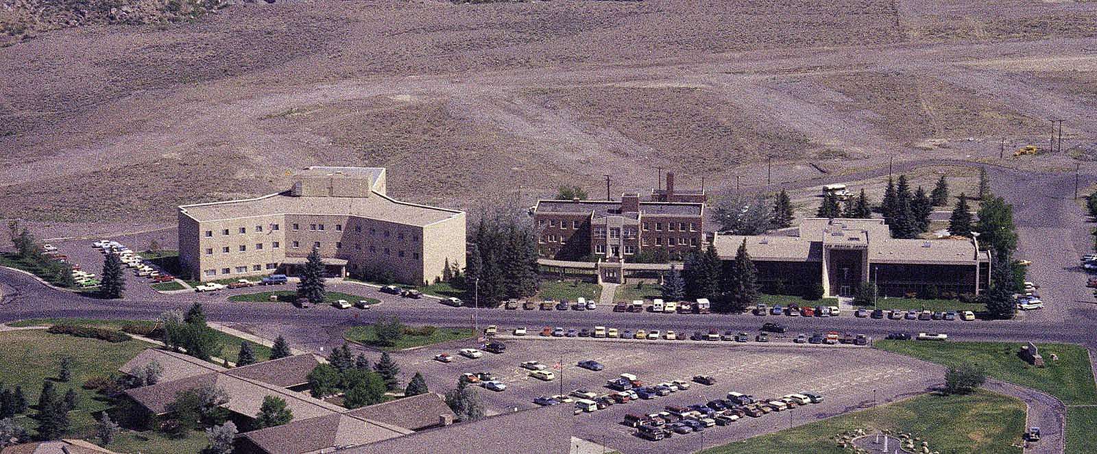 Aerial view of West Park Hospital and Coe Medical building, 1974. MS 89 Jack Richard Photograph Collection, McCracken Research Library. PN.89.68.12419.23