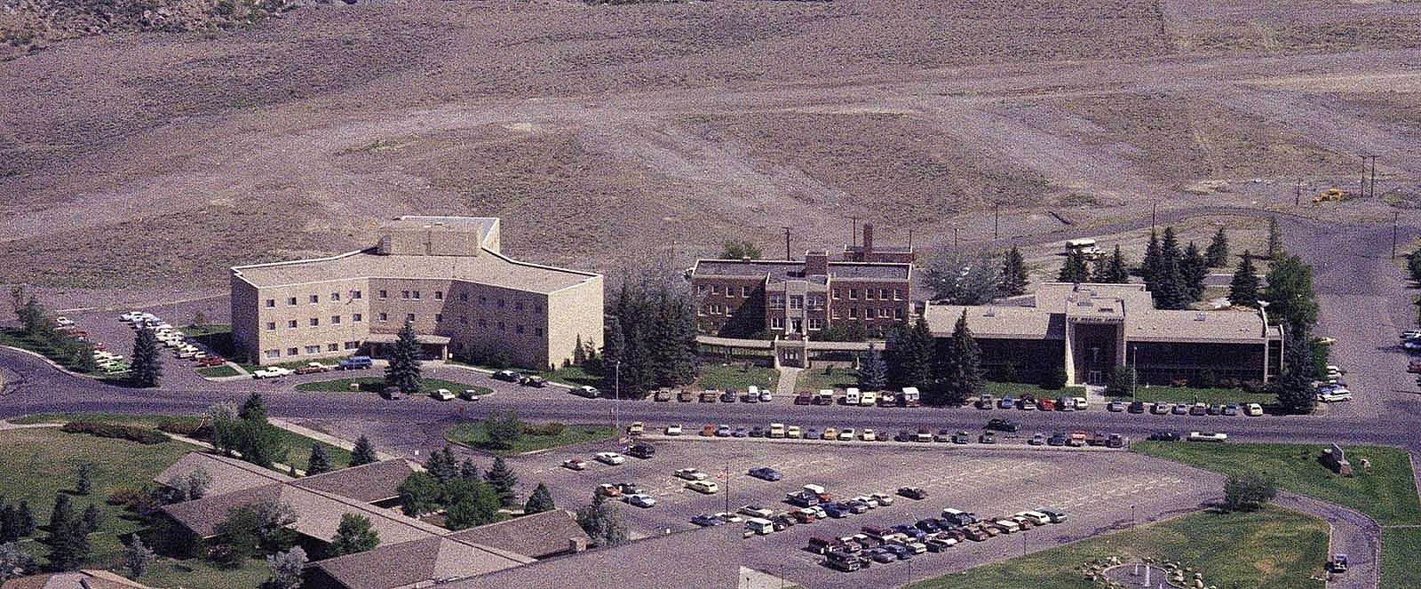 Aerial view of West Park Hospital and Coe Medical building, 1974. MS 89 Jack Richard Photograph Collection, McCracken Research Library. PN.89.68.12419.23