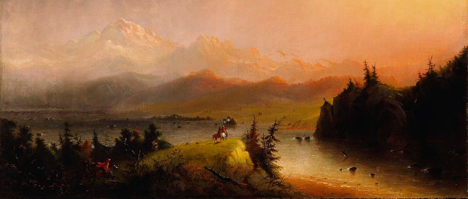 Alfred Jacob Miller (1810-1874). "Trappers Saluting the Wind River Mountains," ca. 1864. Oil on canvas, 21.9375 x 35.8125 inches. Buffalo Bill Center of the West, Cody, Wyoming. Gift of The Coe Foundation. 10.70 (detail)