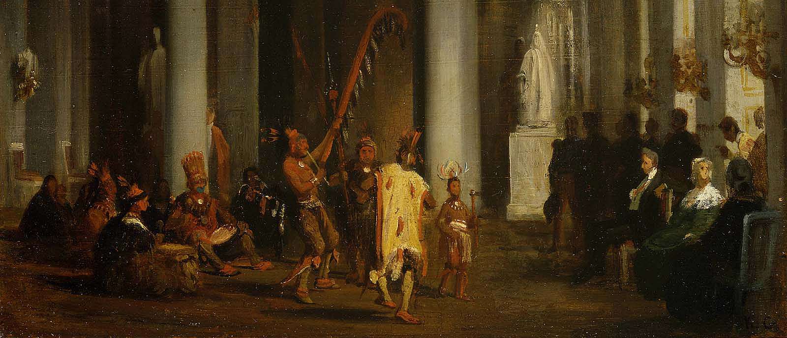 Karl Girardet (1813-1871). "Iowa Indians Performing their Dance before the King in the Galerie de la Paix at the Tuileries Palace (April 21, 1845)." Oil on board. William E. Weiss Memorial Fund Purchase. 1.91
