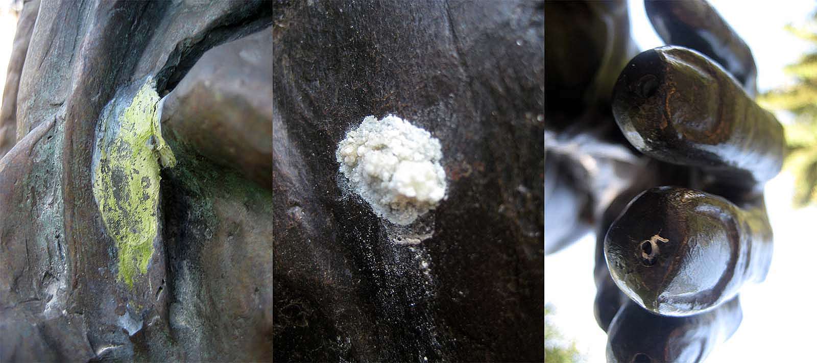 Discoloration, crystals, and material loss is apparent on these detail images of three of the Center's outdoor sculptures.