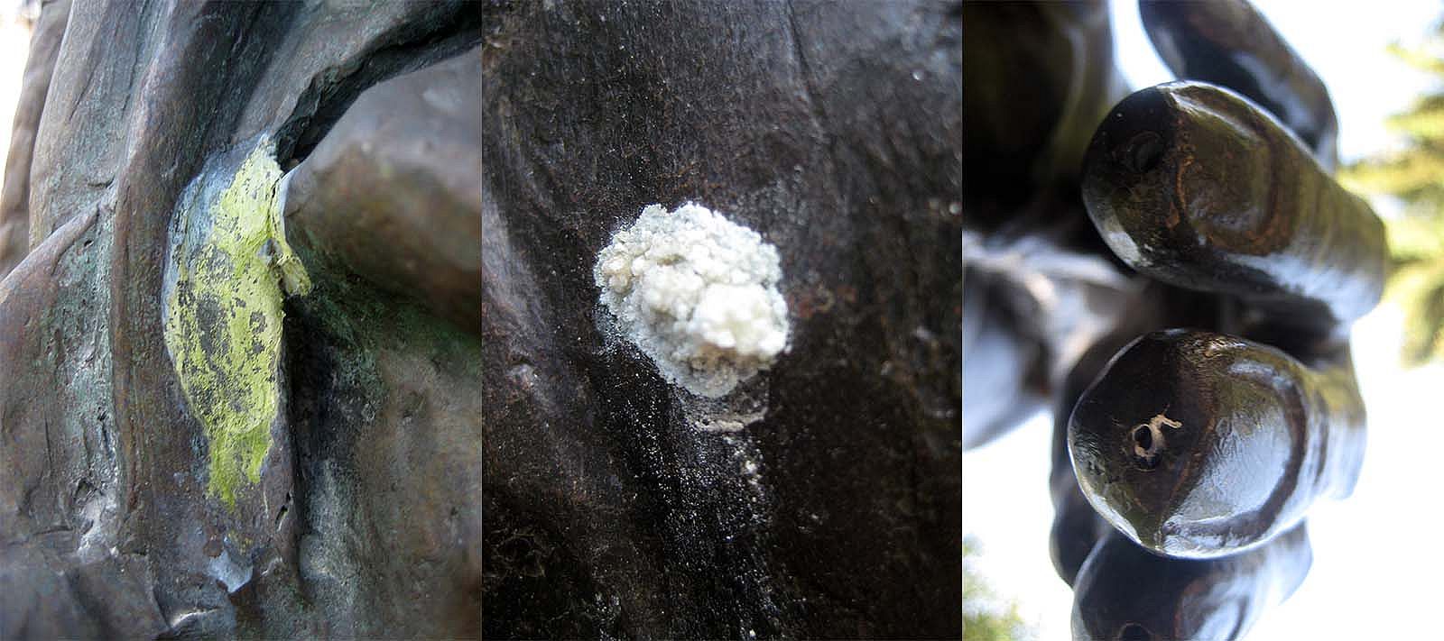 Discoloration, crystals, and material loss is apparent on these detail images of three of the Center's outdoor sculptures.