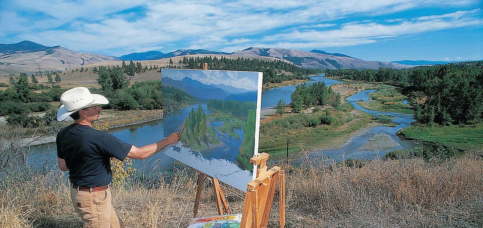Charles Fritz painting at Traveler’s Rest, just west of Lolo, Montana, one of the camping sites of Lewis and Clark and the Corps of Discovery. Photo courtesy Charles Fritz. (detail)