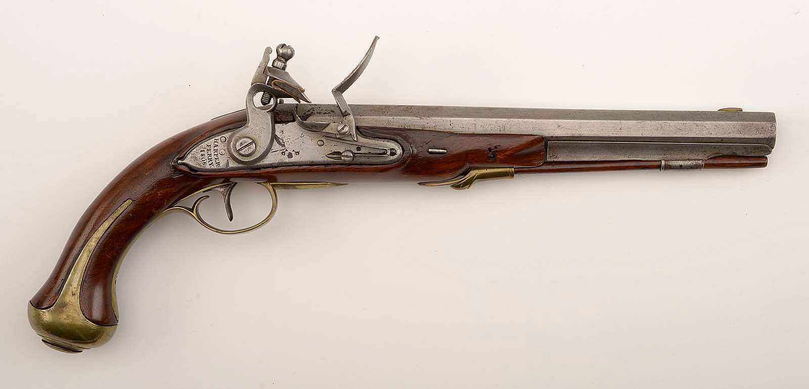 The Model 1805 was the first pistol made at a national armory in the United States, in Harper's Ferry, Virginia. It remains on the insignia for U.S. Army Military Police today. Gift of Olin Corporation, Winchester Arms Collection. 1988.8.3888