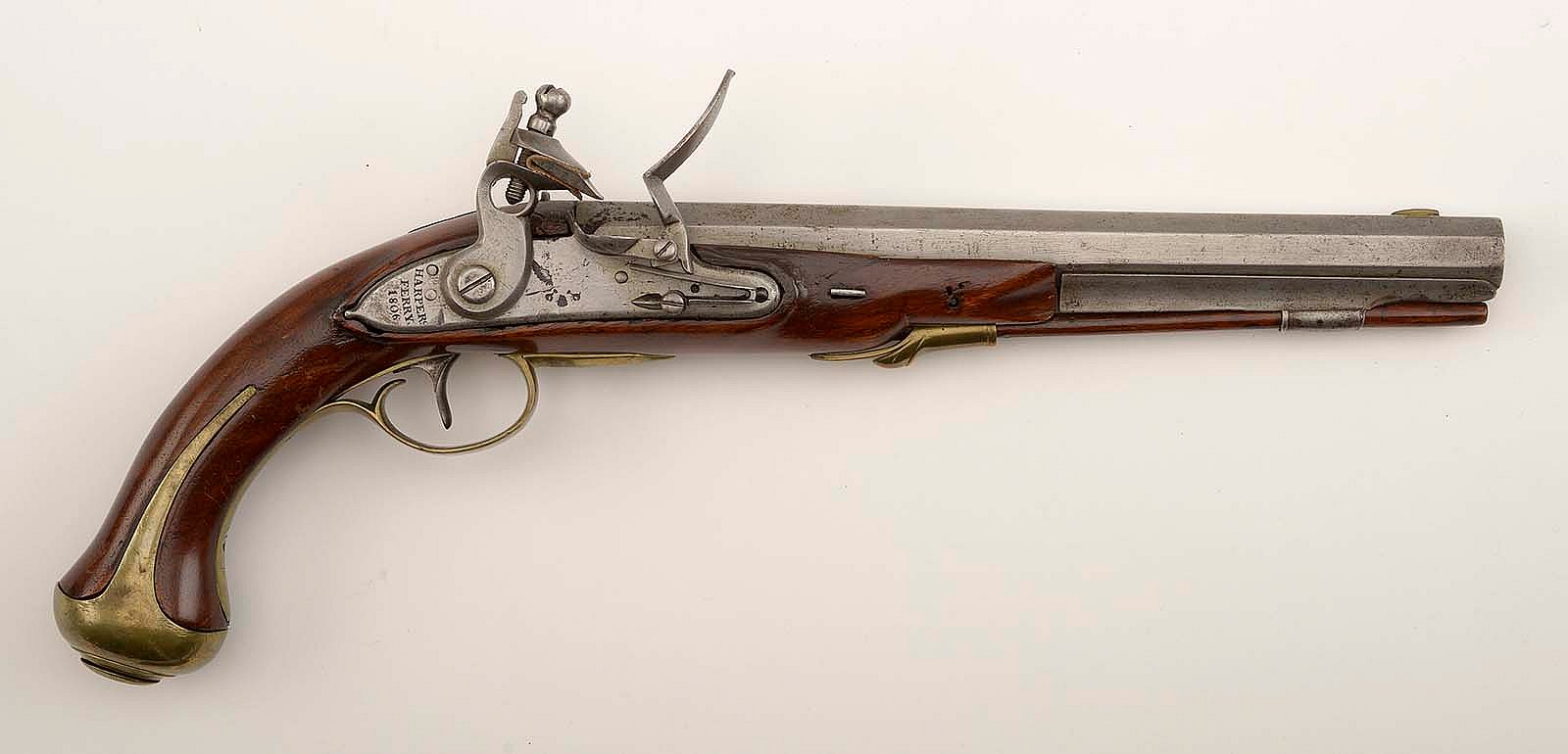 The Model 1805 was the first pistol made at a national armory in the United States, in Harper's Ferry, Virginia. It remains on the insignia for U.S. Army Military Police today. Gift of Olin Corporation, Winchester Arms Collection. 1988.8.3888