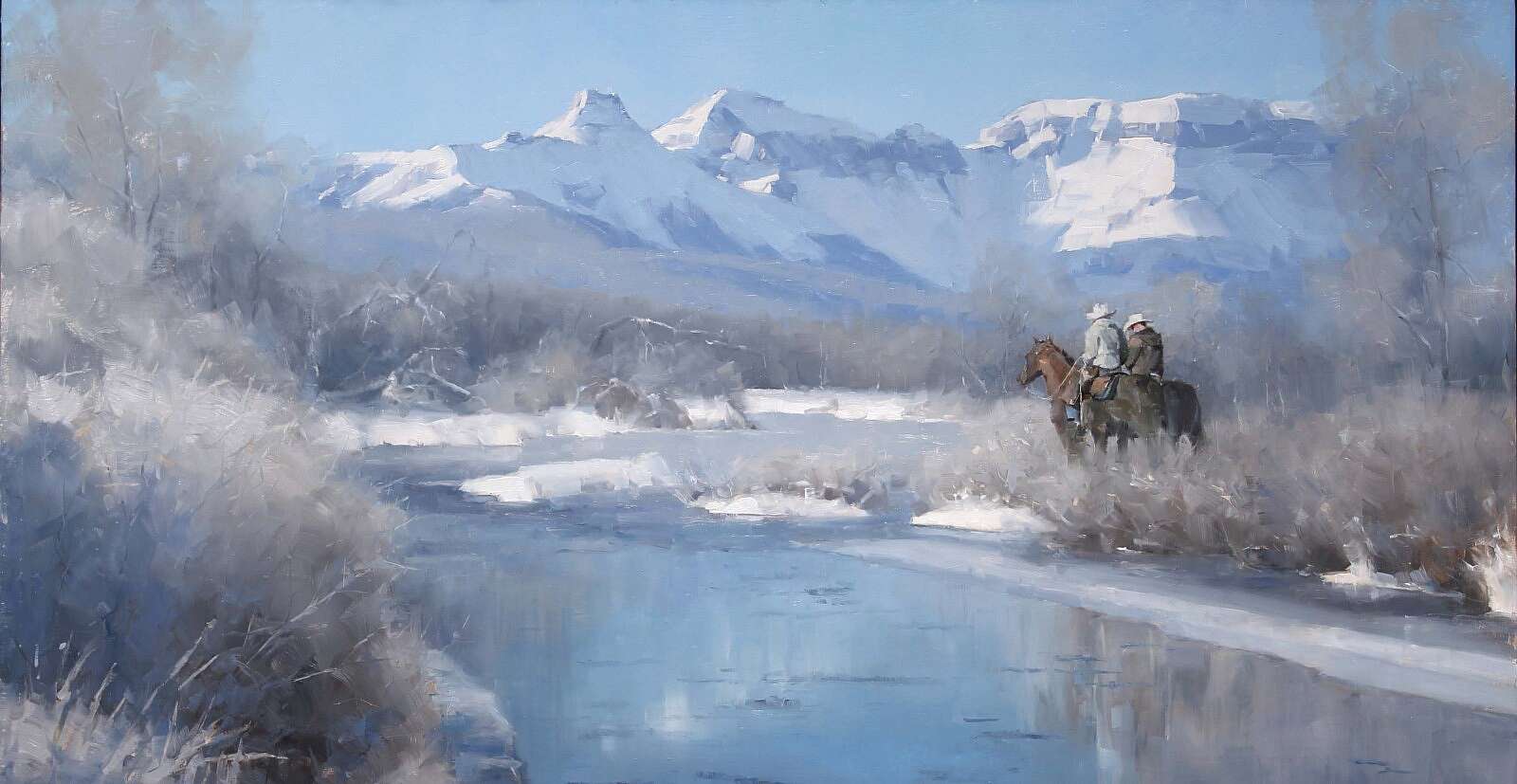 "Spring Thaw" by David Santillanes, Oil, 24 x 40 inches. Buffalo Bill Art Show & Sale, 2022. (detail)
