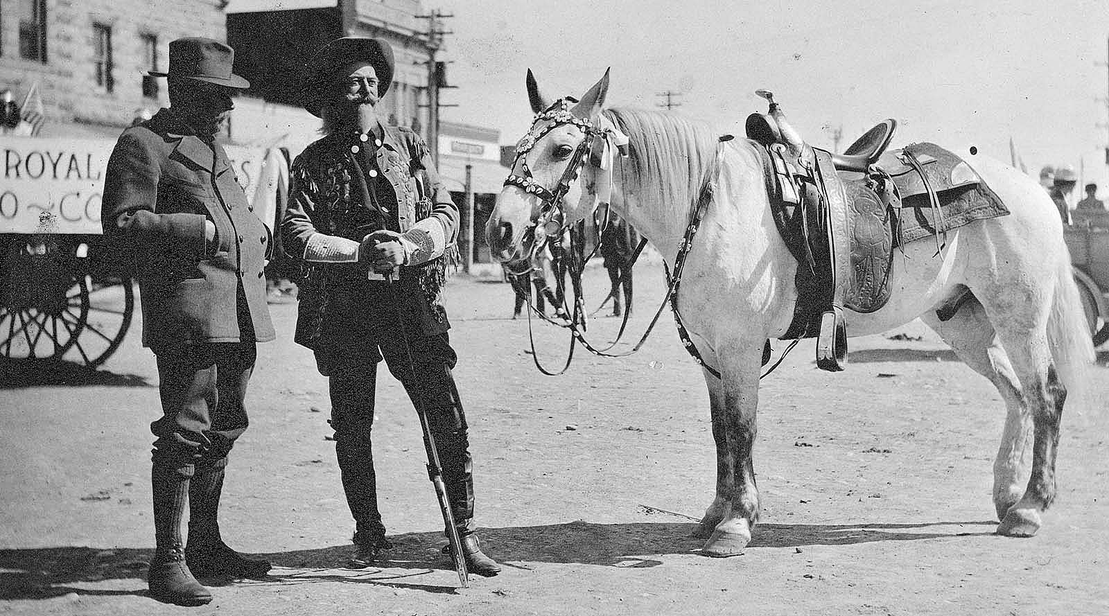 Buffalo Bill and Prince Albert I of Monaco in downtown Cody, Wyoming, September 1913. MS 6 William F. Cody Collection, McCracken Research Library, Buffalo Bill Center of the West, Cody, Wyoming, USA. P.69.1577