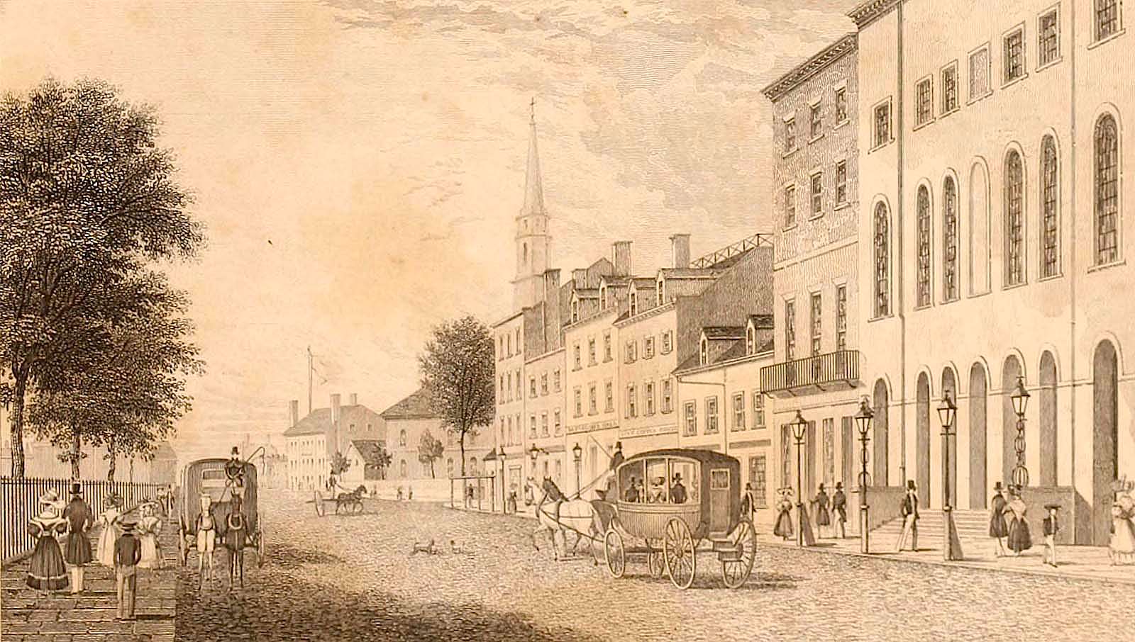 New York's Park Theatre (foreground) and environ, ca. 1830. Wikipedia.