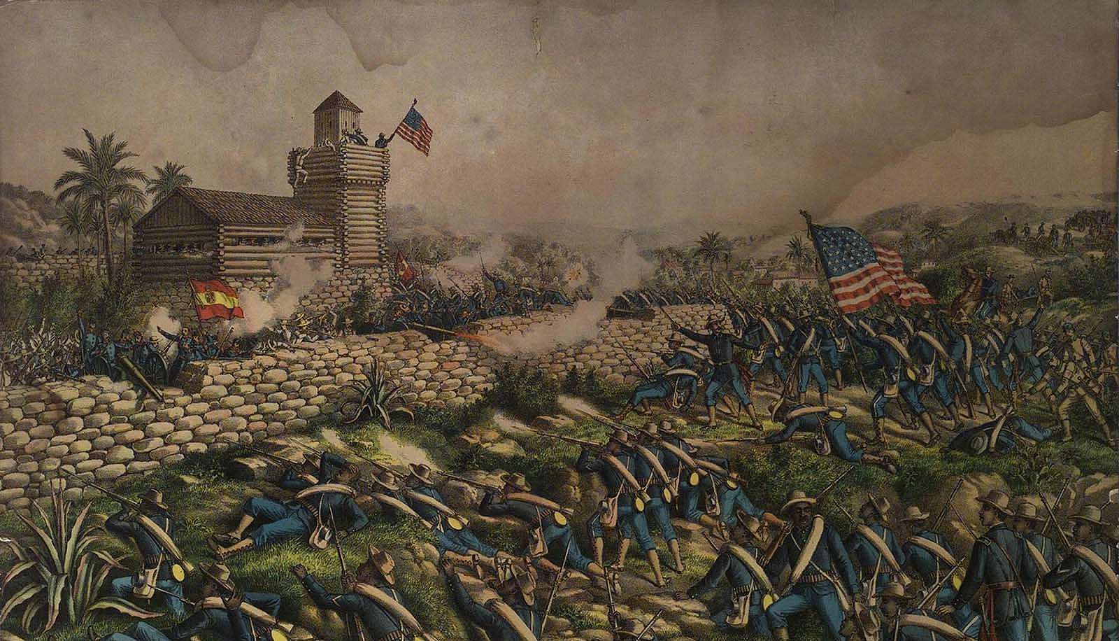 Lithograph, 1899: "Charge of the 24th and 25th Colored Infantry and Rescue of Rough Riders at San Juan Hill," July 2, 1898. Copyrighted 1899 by Kunz & Allison, 267-269 Wabash Ave., Chicago. 1.69.5750