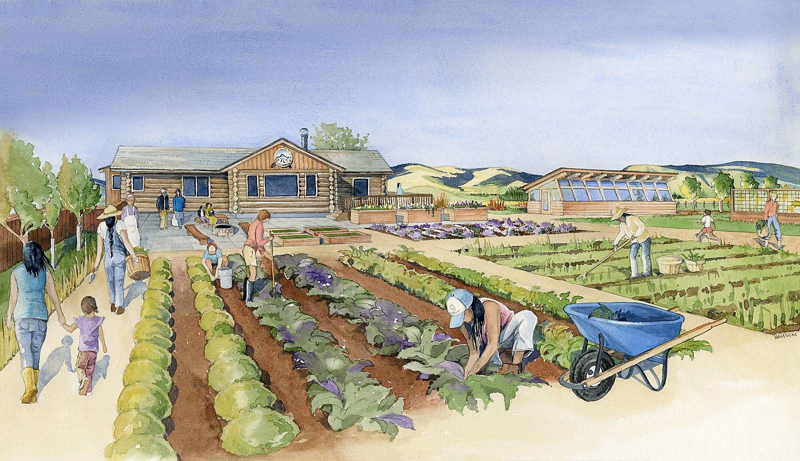 Color illustration of people working in garden plots with greenhouse and log building in the background with logo for Wind River Food Sovereignty Project.