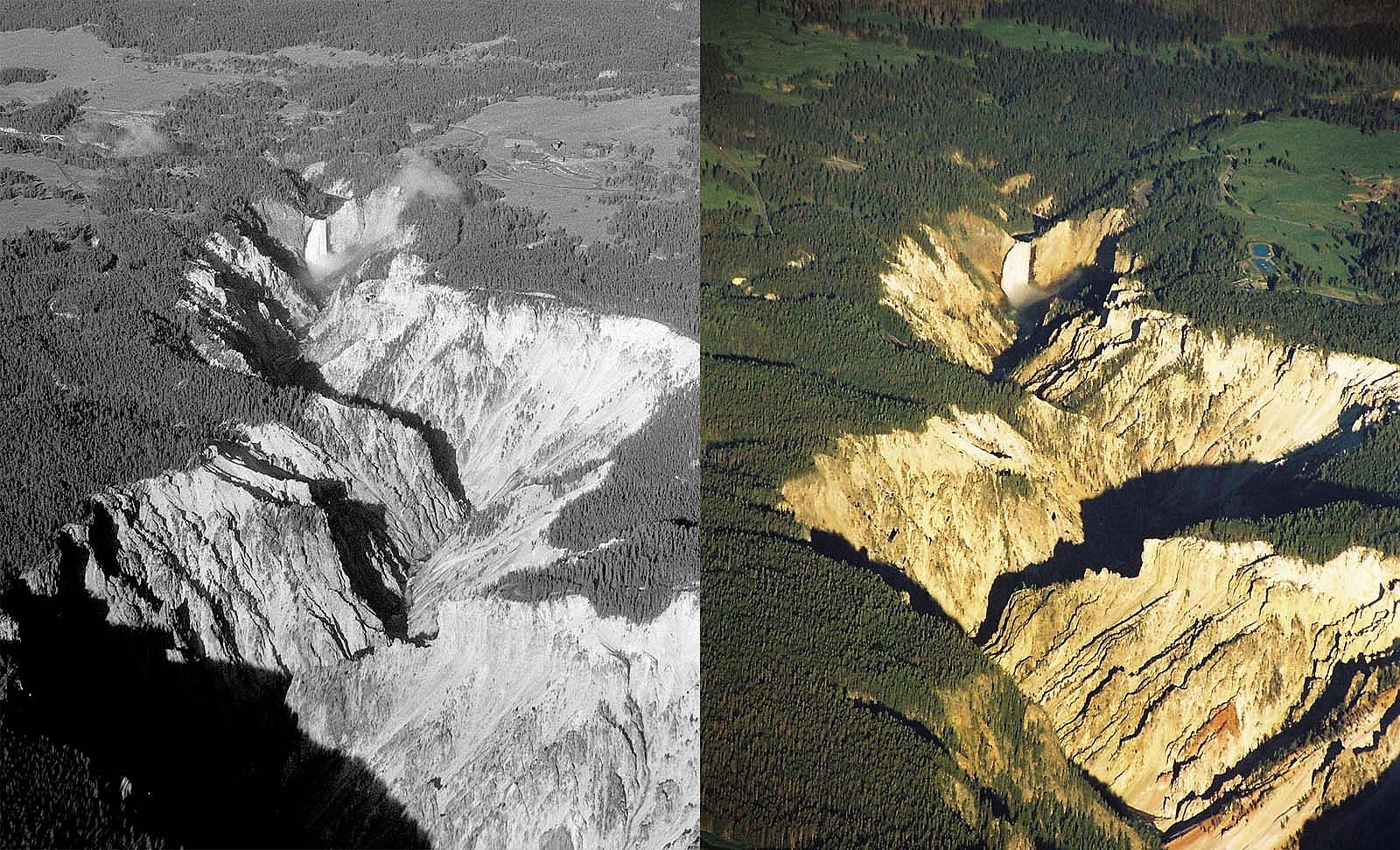 Similar aerial views of the Lower Falls of the Yellowstone River, taken by Jack Richard (left) in 1957, and Bob Richard (right) about 2000.