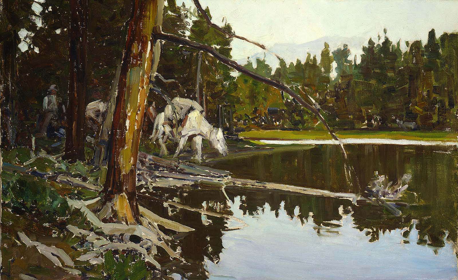 Frank Tenney Johnson (1874–1939). "Cove in Yellowstone Park," 1938. Oil on canvas, 30 x 40 inches. Gift of Fred and Sara Machetanz. 2.82