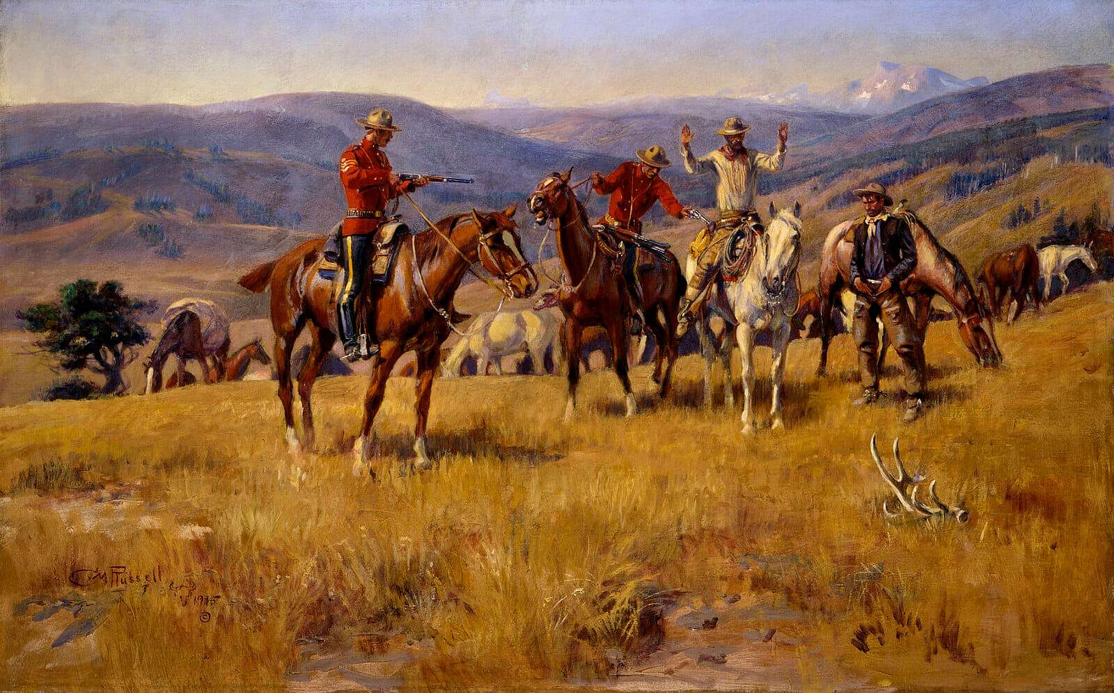 A Royal Canadian Mounted Police officer points a rifle at a mounted man, whose hands are up. Charles M. Russell (1864-1926). "When Law Dulls the Edge of Chance," 1915. Oil on canvas, 30 x 48 inches. Gift of William E. Weiss. 28.78