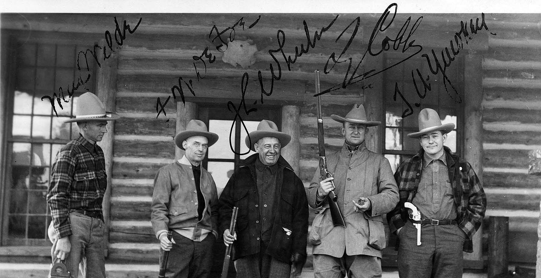 Left to right: Max Wilde, D.W. DeFoe, J. L. Wheeler, Ty Cobb, Tom Yawkey. Max Wilde was the guide, DeFoe and Wheeler were clients, Cobb was also a client but a baseball superstar and member of the Baseball Hall of Fame. Tom Yawkey was owner of the Boston Red Sox. MS 6 William F. Cody Collection, McCracken Research Library. P.69.609 (detail)