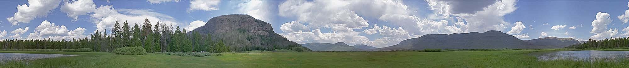 The landmark mountain, Hawk's Rest, overlooks the upper Yellowstone River valley of the Thorofare region. The wooden bridge that crosses the Yellowstone River is one of the few built structures in this area. Photograph by Sean Campbell.