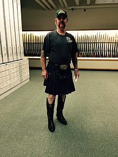 Our Welsh-American visitor in a kilt with cowboy boots.