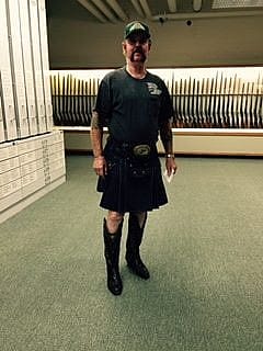 Our Welsh-American visitor in a kilt with cowboy boots.