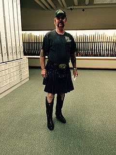Our Welsh-American visitor in a kilt with cowboy boots.
