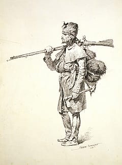 This sketch, one of an estimated three thousand flatworks created by Remington, appeared as an illustration in Harper's Monthly, February 1892. "Courrier du Bois (French Trapper)," 1891. Pen and ink on paper. Gift of Vain and Harry Fish Foundation, Inc. In Memory of Vain and Harry Fish. 61.72