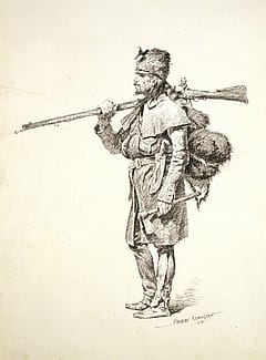 This sketch, one of an estimated three thousand flatworks created by Remington, appeared as an illustration in Harper's Monthly, February 1892. "Courrier du Bois (French Trapper)," 1891. Pen and ink on paper. Gift of Vain and Harry Fish Foundation, Inc. In Memory of Vain and Harry Fish. 61.72