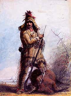 Alfred Jacob Miller's watercolor on paper “Louis—Rocky Mountain Trapper” is one of many iconic images he created that helped create the mythological image of the mountain man. Gift of The Coe Foundation. 36.64