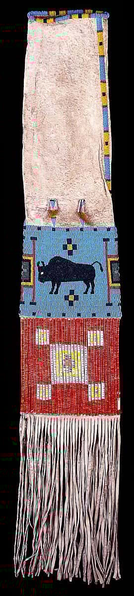 Pipe bag, ca. 1885. Lakota, Northern Plains. Deer hide, beads, porcupine quills, tin, horsehair. Adolf Spohr Collection, Gift of Larry Sheerin. NA.504.131