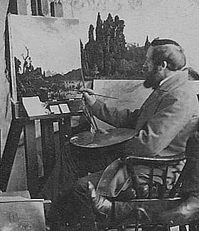 Bierstadt Brothers, Bierstadt at his Easel, 1859. Stereograph. Collection of William L. Schaeffer. Here, Bierstadt works on Thunderstorm in the Rocky Mountains (Museum of Fine Arts, Boston); see the stereocard on his easel.