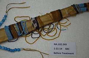 Close up of knife sheath before treatment.