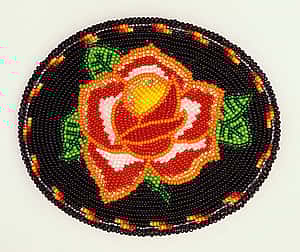Beaded belt buckle, Becky Harris O'Brien. Eastern Shoshone, Kinnear, Wyoming. Glass beads, tanned hide, brass, 2003. Plains Indian Museum Acquisitions Fund Purchase. NA.203.1279