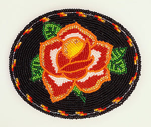 Beaded belt buckle, Becky Harris O'Brien. Eastern Shoshone, Kinnear, Wyoming. Glass beads, tanned hide, brass, 2003. Plains Indian Museum Acquisitions Fund Purchase. NA.203.1279