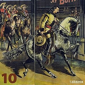 Vibrant vintage poster of Buffalo Bill's Wild West show, featuring Buffalo Bill on horseback in a dynamic pose, capturing the excitement of the era.