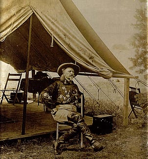 William F. "Buffalo Bill" Cody is pictured here in front of his personal Wild West tent on a not-so-windy day around 1905. MS 6 William F. Cody Collection, McCracken Research Library. P.69.953