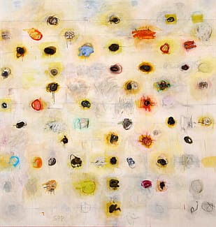 Sandra dal Poggetto. American Fork #4, 2010-2011. Oil, oil pastel, charcoal, graphite, Buckskin. 83.5 x 79.25 in. Anonymous Gift. 4.14.