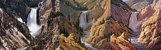 A photograph along with Kathy Wipfler's sketch and final painting of the Lower Falls of the Yellowstone, 2006. 9.07 and 10.07