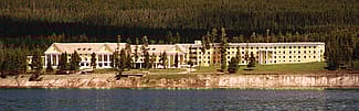 Lake Hotel can be seen from vantage points all around the lake, including this one from the water itself. Jeff Shrin photo.