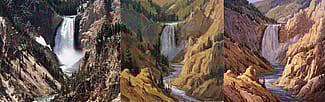 A photograph along with Kathy Wipfler's sketch and final painting of the Lower Falls of the Yellowstone, 2006. 9.07 and 10.07