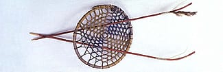 Hoop and arrows. Sioux, Northern Plains. Wood, rawhide thongs, red paint, blue paint, yellow paint, horse hair, and feathers. Royal B. Hassrick Indian Collection. NA.503.5A-C