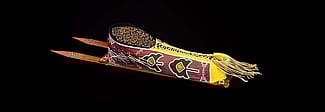 Cradle. Vanessa Paukeigope Jennings, Kiowa and Apache, Fort Cobb, Oklahoma, 1996. Tanned Deerskin, rawhide, glass beads, wood, cotton cloth, metal, and pigments. Museum purchase with funds provided by the Pilot Foundation and Arthur Amiotte. NA.111.59
