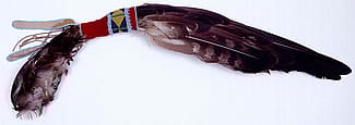 Golden eagle feather fan, Sioux, 1885. Golden eagle feathers, cloth, beads. Adolf Spohr Collection, Gift of Mr. Larry Sheerin. NA.203.372