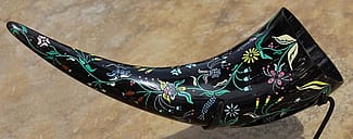 Kevin Pourier (Lakota). Dakota Floral Horn Cup, 2012. Buffalo horn cap, mother of pearl, lapis, malachite, sandstone, turquoise, coral, pipestone, cotton cloth, and sage. In Memory of Dr. Dilworth "Buz" Sellers. NA.106.1002