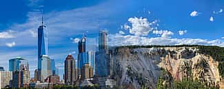 A Photoshopped image of the NYC skyline (urban skyscrapers) blending into the Wyoming skyline (mountain lanscape).