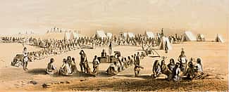 John Mix Stanley. Distribution of Goods to the Assiniboines, ca. 1860. Tinted lithograph on paper. 12.87.5 (detail)
