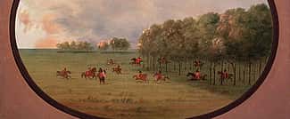 George Catlin (1796-1872). "An 'Oak Opening', Mouth of the Platte, with a party of Indians playing on horseback," ca. 1855-1870. Oil on paperboard. Gift of Paul Mellon. 29.86