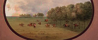 George Catlin (1796-1872). "An 'Oak Opening', Mouth of the Platte, with a party of Indians playing on horseback," ca. 1855-1870. Oil on paperboard. Gift of Paul Mellon. 29.86