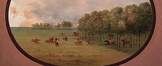 George Catlin (1796-1872). "An 'Oak Opening', Mouth of the Platte, with a party of Indians playing on horseback," ca. 1855-1870. Oil on paperboard. Gift of Paul Mellon. 29.86