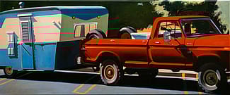 Red pickup pulling a blue and white travel trailer. Robert Seabeck (b. 1945). "Fall Scene," 1979. Oil on canvas. Gift of anonymous donor. 6.79